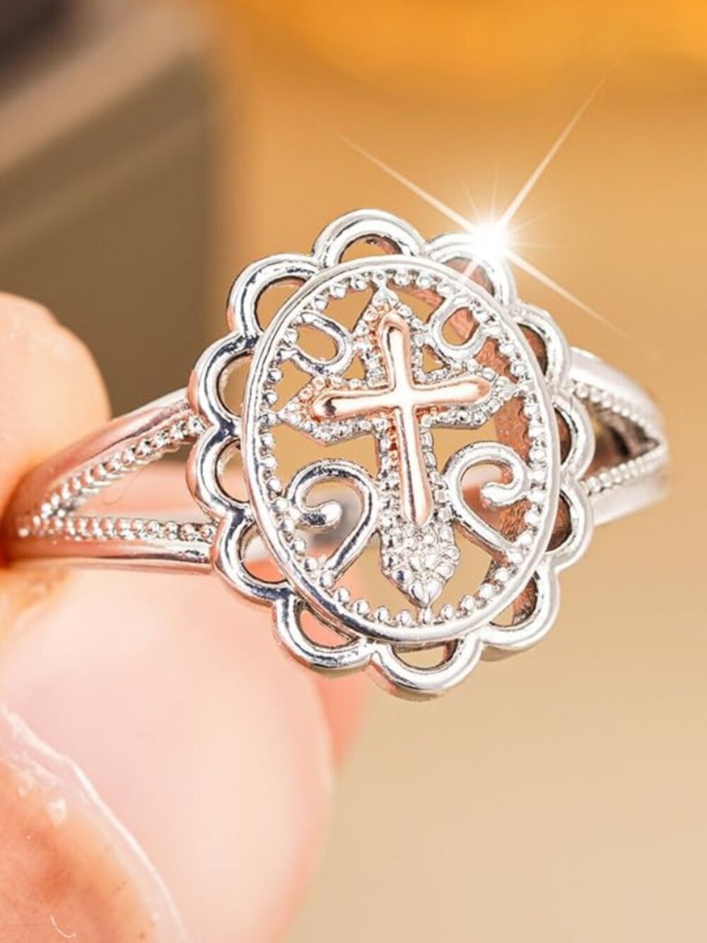 Two-Tone 925 Sterling Silver Plated Cross Statement Rings for Women Men,Victoria - Picture 3 of 7